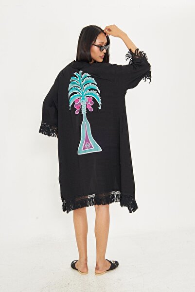 TIFFANY&TOMATO Palmiye Baskılı Püsküllü Kimono