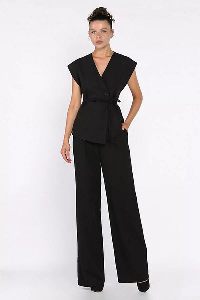 GÜLSELİ Black Waist Tie Lined Women's Vest Trousers Linen Double Suit