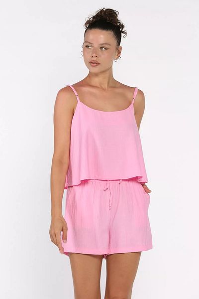 GÜLSELİ Pink Women's Adjustable Strap Blouse Waist Elastic Shorts Double Set