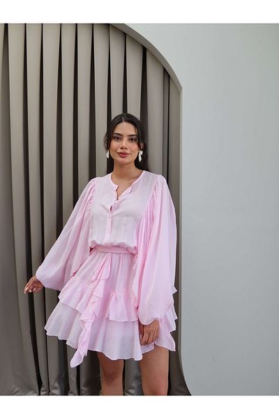 ESRAHELVACI Belted Long Sleeve Ruffle Mini Dress