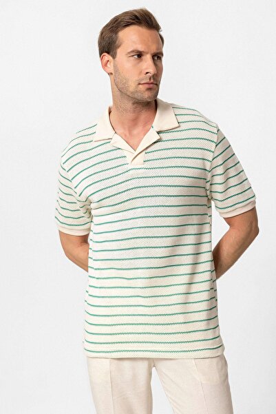 Antioch Green Leopard Collar Striped Knitted Men's T-Shirt