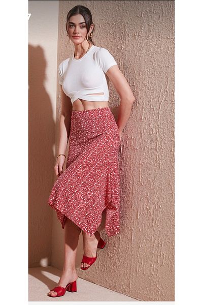 MODA Mini Floral Asymmetrical Cut Lycra Comfortable Combinable Skirt