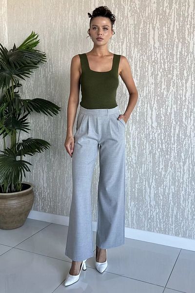 GÜLSELİ Light Gray Women's Elastic Waist Velcro Palazzo Trousers