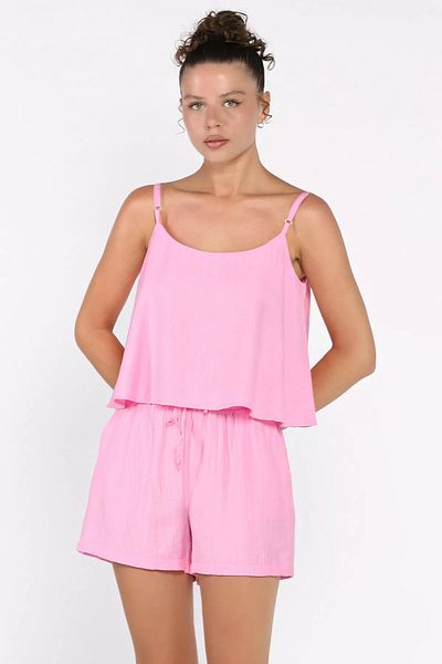 GÜLSELİ Pink Women's Adjustable Strap Blouse Waist Elastic Shorts Double Set