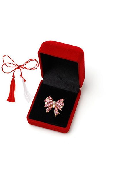 OEM Martisor brosa cu strasuri in cutie de catifea, fundita roz