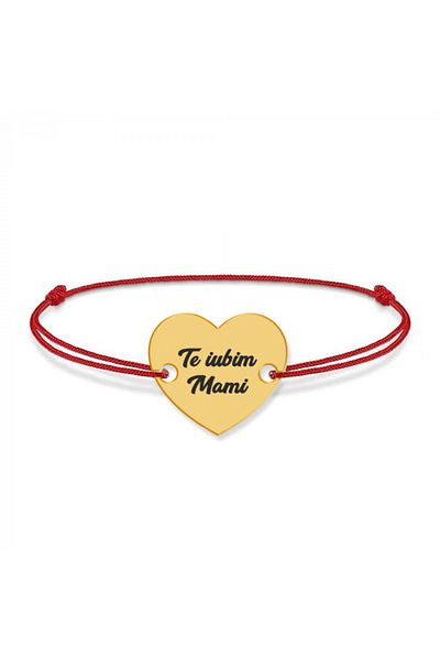 saratremo Claudia - Bratara din snur cu talisman personalizat din argint 925 placat cu aur 24K - Inimioara
