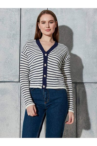 Coral Horizontal Striped Cardigan Bone - Navy Blue