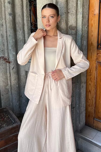 GÜLSELİ Stone Women's Double Breasted Collar Jacket Pants Set of Two