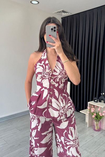 ECEMİ Rosi Plum Patterned Linen Suit