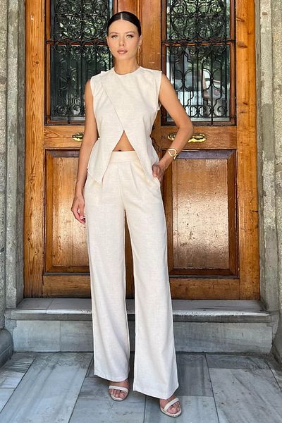 GÜLSELİ Stone Waist Lace-Up Linen Blouse Trousers Double Suit