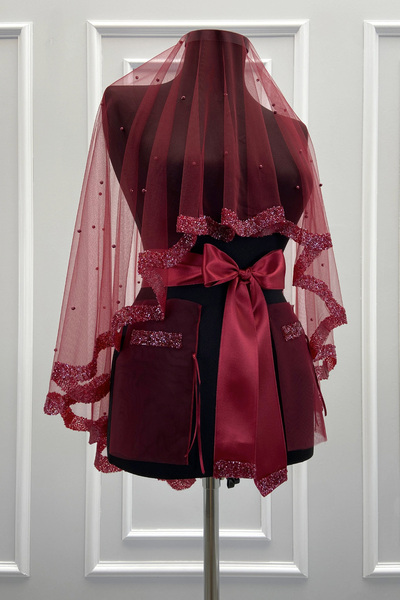 ZEYMERADE طقم طرحة زفاف باللون العنابي، خرز زجاجي ولؤلؤ، طقم طرحة حناء ليلية ...