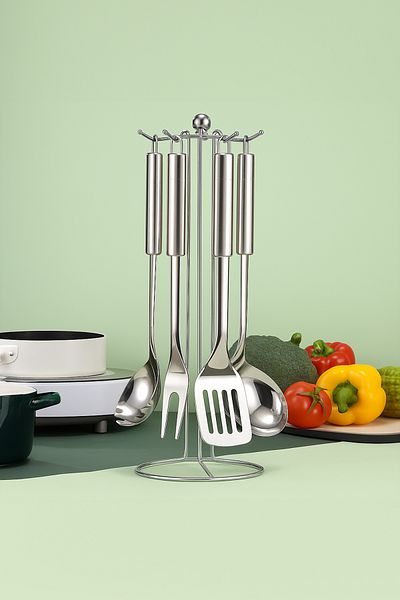 Vadi 6 Piece Stainless Steel Kitchen Utensil Set with Hanger - Ladle, Colander, Spatula