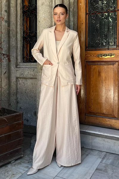 GÜLSELİ Stone Women's Double Breasted Collar Jacket Pants Set of Two