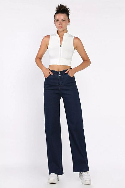 GÜLSELİ Dark Blue Double Button Detailed Wide Leg Lycra Women's Jean Jeans
