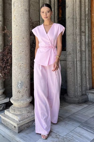 GÜLSELİ Pink Waist Tie Lined Women's Vest Trousers Linen Double Suit