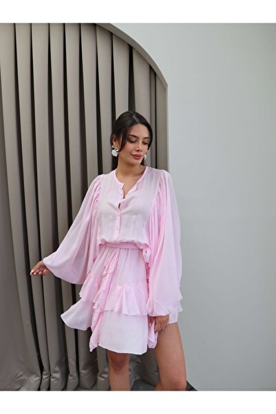 ESRAHELVACI Μίνι φόρεμα με μακρυμάνικο βολάν με ζωνάκι