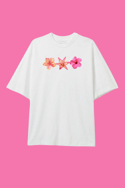 Dupe Design Floral Printed Oversized White T-Shirt