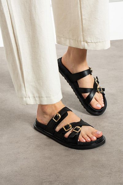 ShoeTek Beijing Women's Slippers Cross Strap Buckle Black Leather