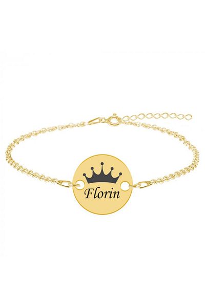 saratremo Regali - Brățară personalizată din argint 925 placată cu disc din aur galben de 24K cu nume și coroană