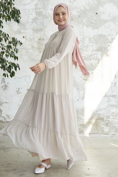 InStyle Yoryo Stone Chiffon Dress with Lace-Up Collar
