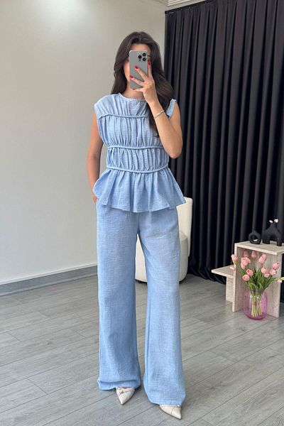 ECEMİ Via Blue Linen Blouse Pants Set