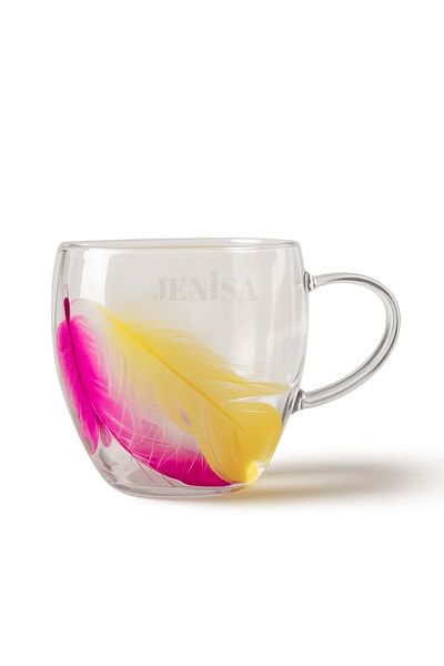 Jenisa Double Wall Colored Feather Patterned Glass Mug – Heat Resistant Mug Cup