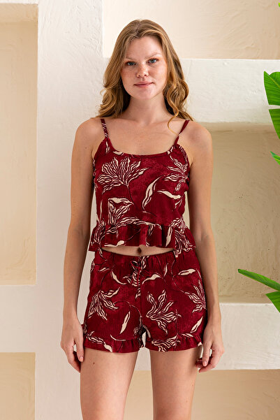 GİYSA Women's Ruffle Detailed Strap Shorts Wrap Suit Burgundy - 254405