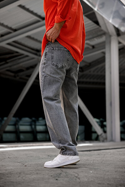 Newtime Erkek Baggy Koyu Gri Kar Yıkama %100 Koton Rahat Kesim Kot Pantolon