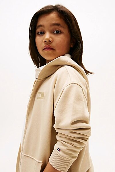 Tommy Hilfiger Erkek Çocuk Regular Fit Kapüşonlu Fermuarlı Tonal Logolu Sweatshirt - Bej