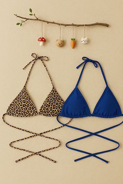 Stail Moda Women's Leopard and Blue 2-Piece Side and Neck Tie Shorts Triangle Bikini Nightdress Sea Suit