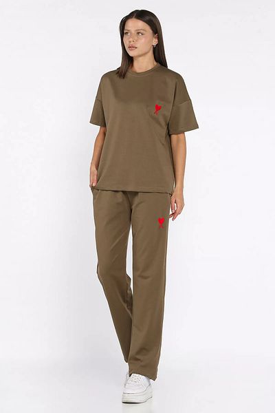GÜLSELİ Khaki Women's Heart Embroidered Crew Neck T-Shirt Pants Two-Piece Set