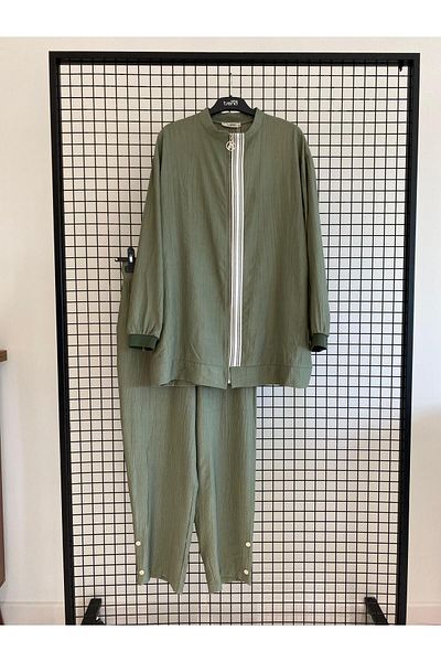 Armine TREND Judge Collar Striped Zippered Tunic Elastic Waist Pipe Leg Fabric Trouser Top and Bottom Set