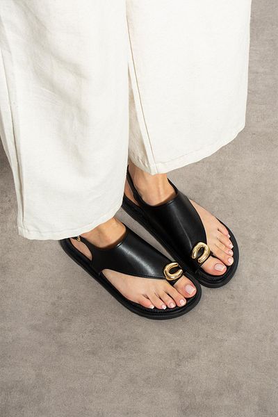 ShoeTek Wespa Women's Slippers Flip Flops Buckle Black Leather