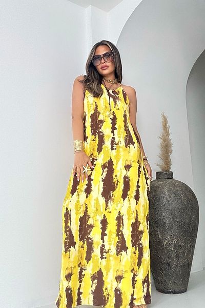 Sohotique By P Patterned Strap Maxi Dress Yellow-Brown