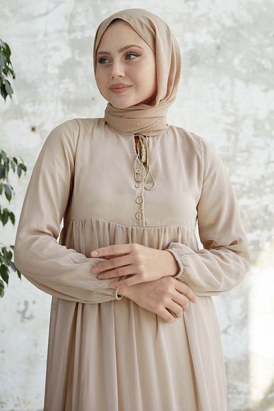 InStyle Rochie din șifon Yoryo bej deschis cu guler cu șireturi