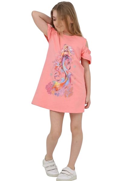 İrem Çocuk Giyim Girl's Mermaid Patterned Sleeve Detailed Babydoll Dress