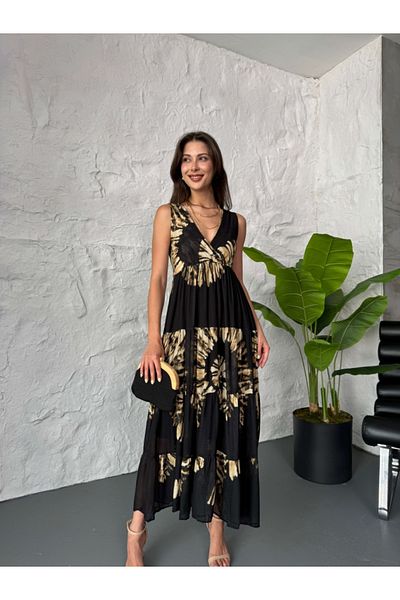 Elif Özbey Butik Leopard Pattern V-Neck Linen Dress