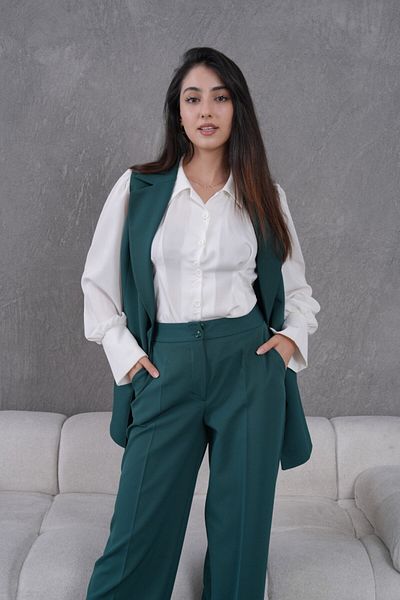 nodilife Women's Suit with Belted Brooch Detail Vest Green