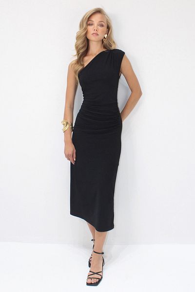 VAGGON Women's Black Asymmetrical Cut One Shoulder Sandy Long Dress Prmx14167