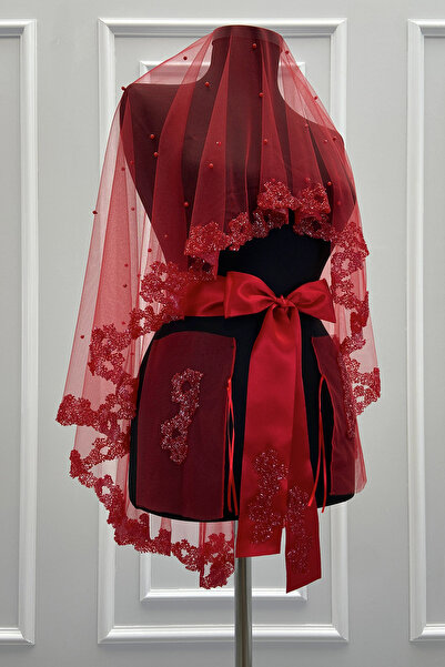 ZEYMERADE طقم حجاب زفاف أحمر مع خرز زجاجي ولؤلؤ، طقم حجاب ليلي حناء 6 قطع