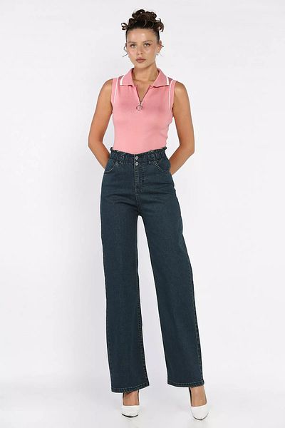 GÜLSELİ Navy Blue Tint Double Button Detailed Wide Leg Lycra Women's Jean Denim Trousers