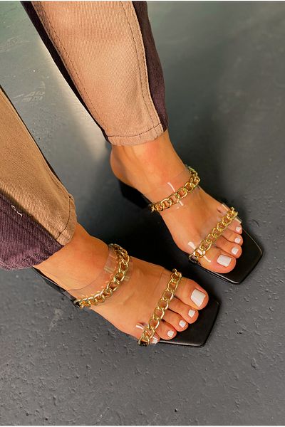 BZC AYAKKABI Women's Transparent Chain Detailed Short Heel Slippers