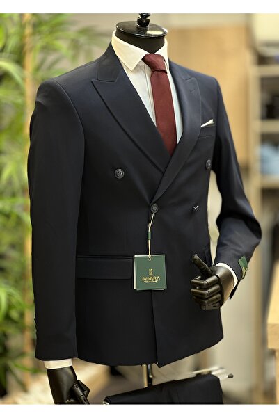 SAVARA Men's Slimfit Navy Blue Double Breasted Suit