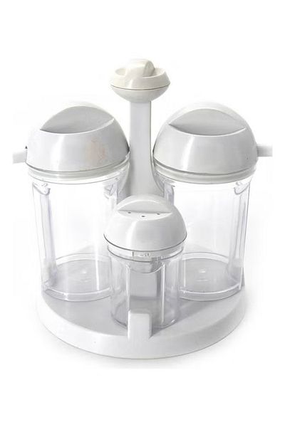 Generic طقم أوعية زجاجية شفافة وبيضاء من 4 قطع - زجاجات زيت وخل وملح وفلفل - 19×16×16 سم