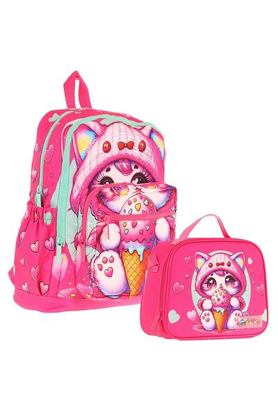 KAUKKO Cat Eating Ice Cream Printed Girl's School Bag and Lunch Box Set - Pink (L5250+L7250)