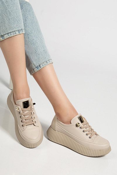 Dilimler Ayakkabı Women's Casual Sports Shoes Beige Elastic Laced Thick Sole