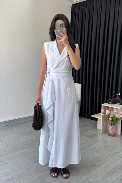 ECEMİ Sara White Double Breasted Cut Linen Dress