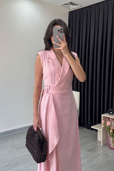 ECEMİ Sara Pink Double Breasted Cut Linen Dress