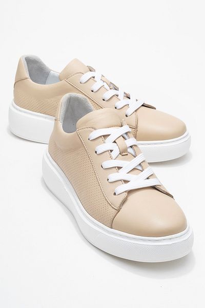Dericlub Dericlub Women's Thick Sole Lace-Up Casual Shoes Real Leather Cr 2627 Beige