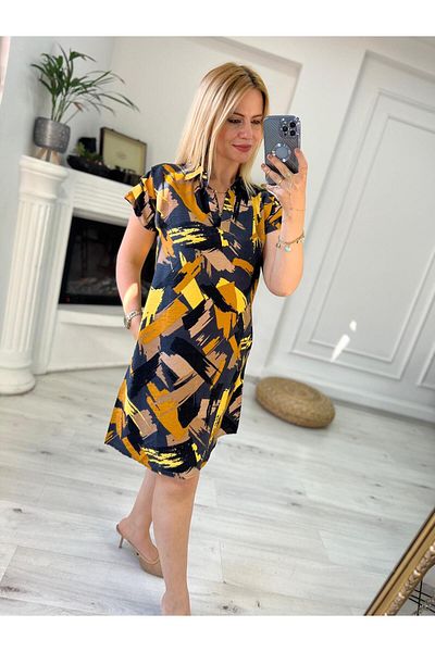 LOS FECHKA Rochie galbenă de in pentru femei, cu guler polo, cu model de perie, cu mâneci cu șnur